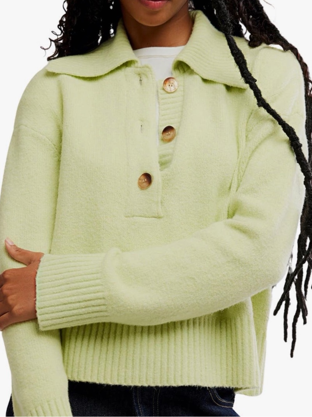 Free People Light Green Button Polo Sweater